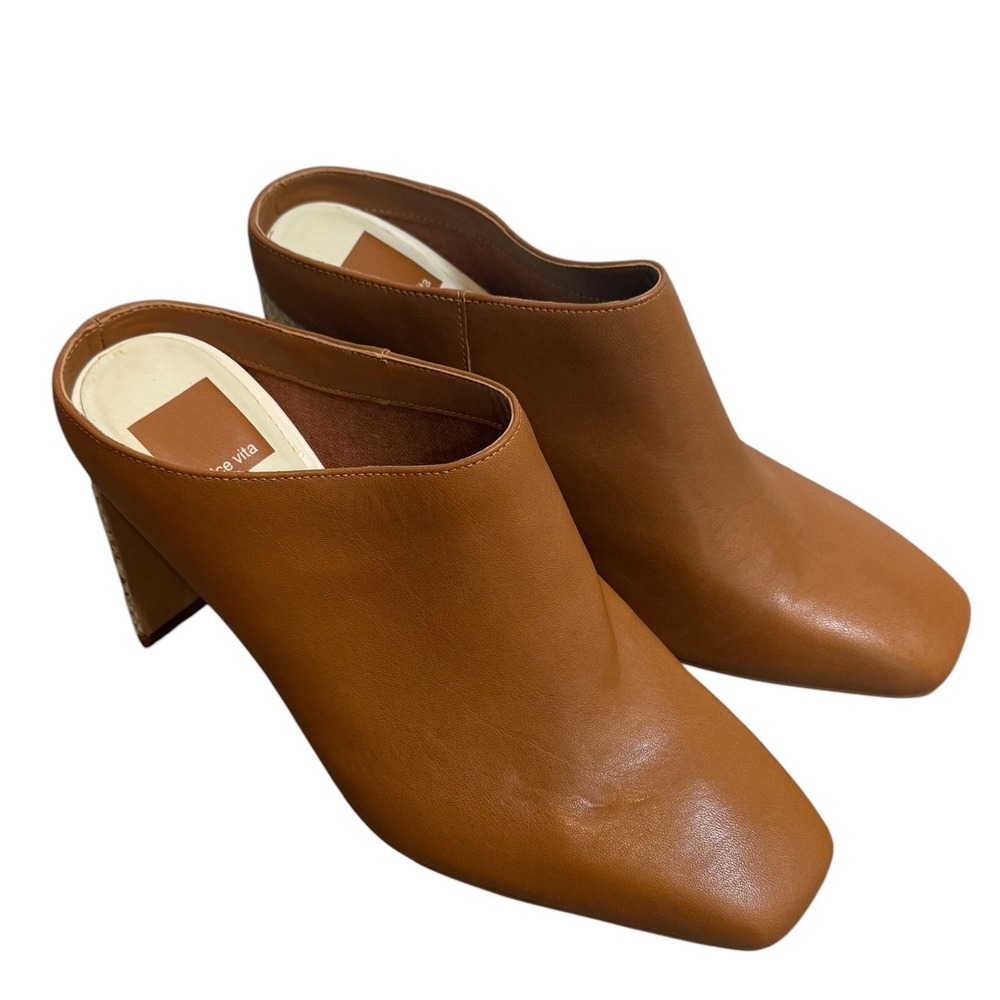 Dolce Vita Womens Cognac Brown Leather Square Toe Snakeskin Block Heel Mules 8
